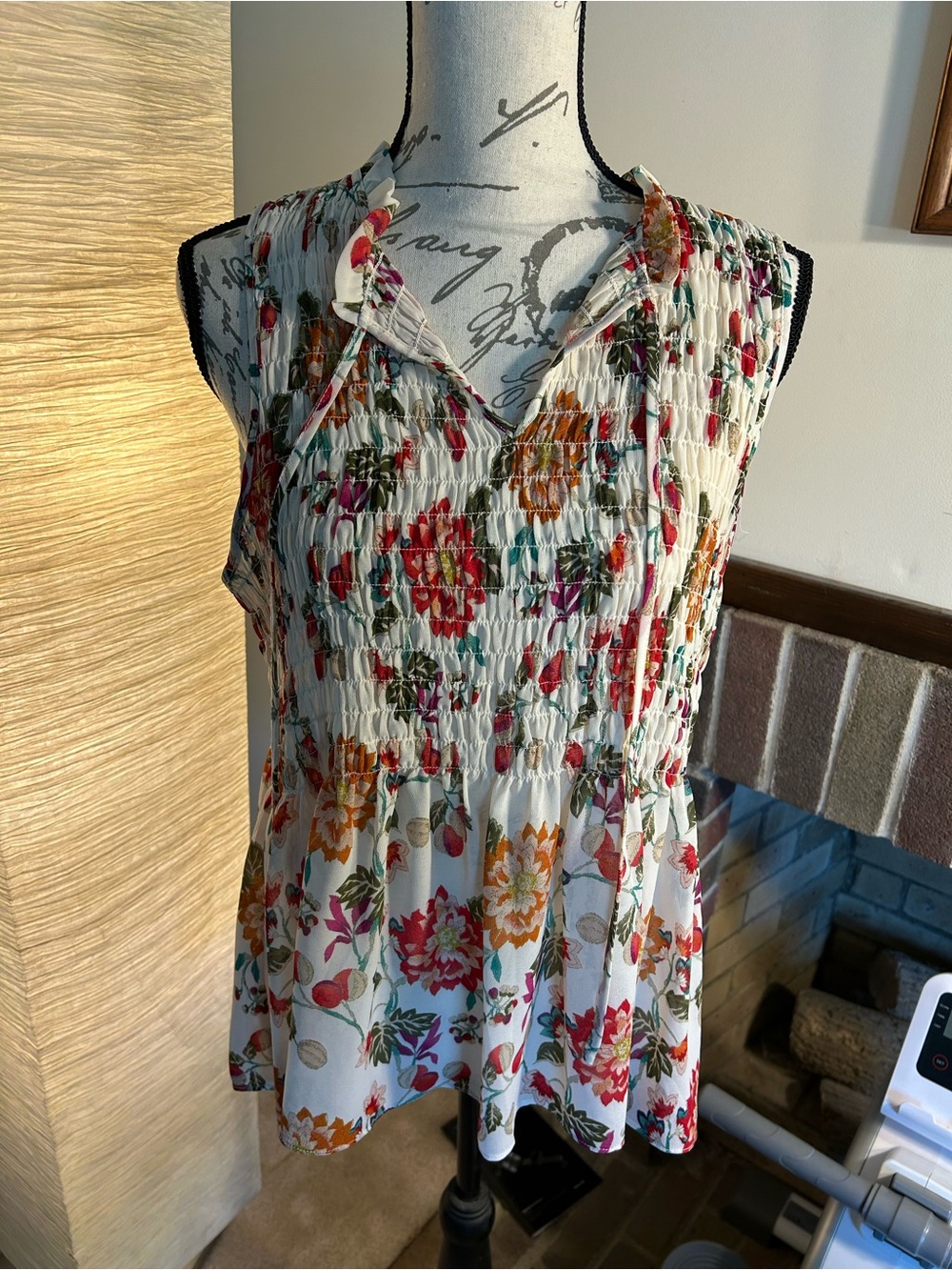 Cynthia Rowley White Floral Smocked Sleeveless Blouse